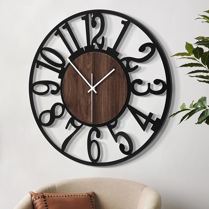 LEIKE 32" Oversized Large Wall Clocks,Silent,Non Ticking,Battery Operated Modern Round Big Wood Decorative Metal Wall Clock for Living Room, Bedroom,Kitchen,Farmhouse,Office Decor - Black,32 Inch-Ruum Studio Home