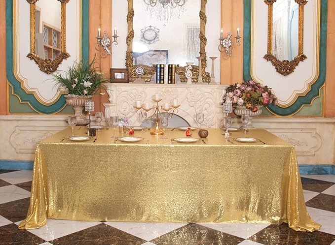 SquarePie Sequin Tablecloth 90 x 156 Inch Gold Sparkly Table Linen for Wedding Party-Ruum Studio Home