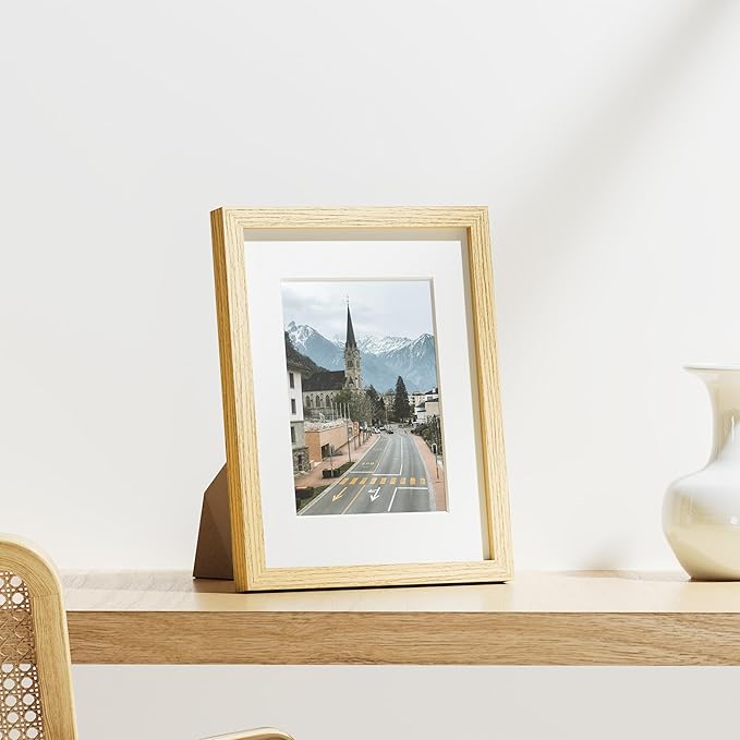 Vittanly 8.5x11 Picture Frames Set of 9, Shatter Resistant Plexiglass, Display 6x8 Pictures with Mat or 8.5x11 without Mat, Photo Frames for Wall or Tabletop, Engineered Wood, OAK-Ruum Studio Home