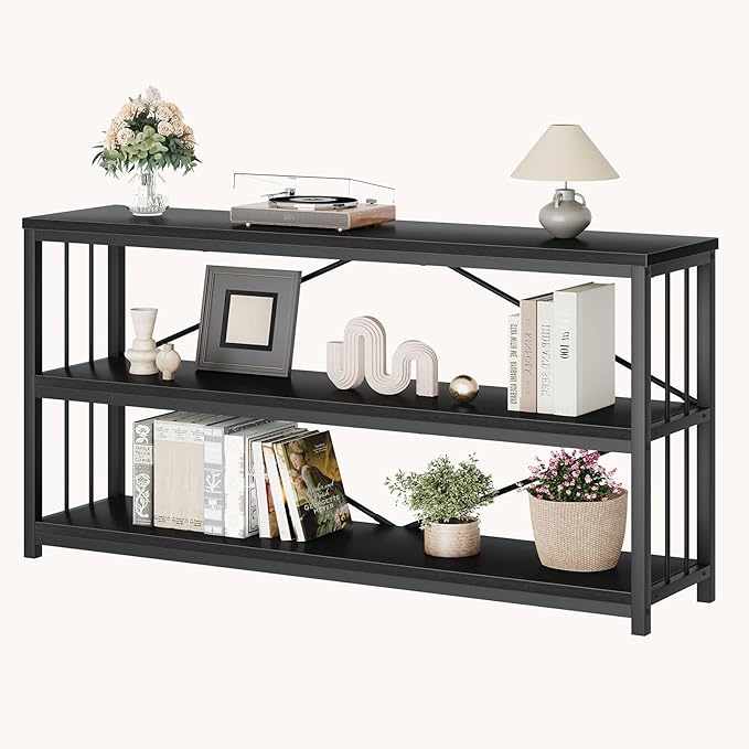 LVB Black Entryway Table, Modern Narrow Console for Hallway, Industrial Farmhouse Foyer Table with Storage Shelves, 63 Inch-Ruum Studio Home