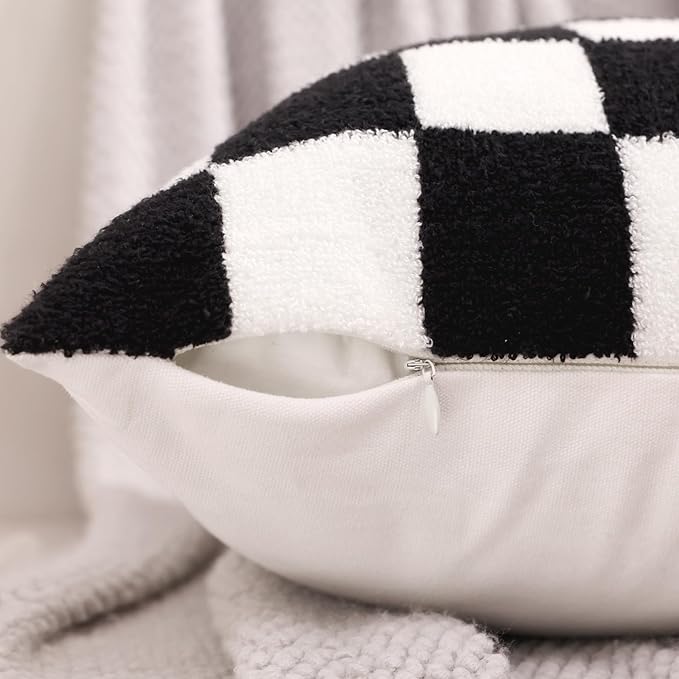 Alysheer Checkered Embroidered Decorative Throw Pillow Covers 18"x 18" Set of 2, Farmhouse Cottage Black White Plaid Tufted Patterned Cotton Canvas Cushion Case for Sofa Couch Bed Living Room-Ruum Studio Home