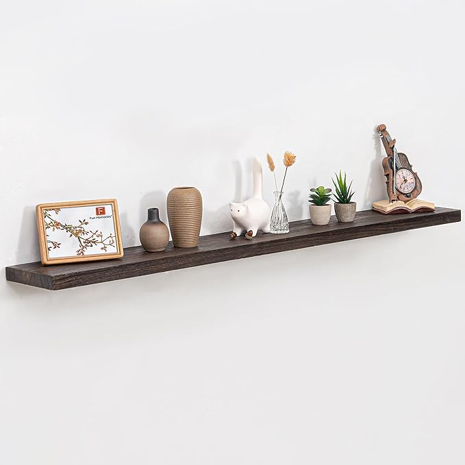 55 Inch Floating Shelves for Wall, Elm Wood Floating Shelves for Home Décor, Wall-Mounted Display Shelves with Heavy-Duty Bracket, Live Edge Long Floating Shelf for Kitchen, Living Room, Walnut-Ruum Studio Home