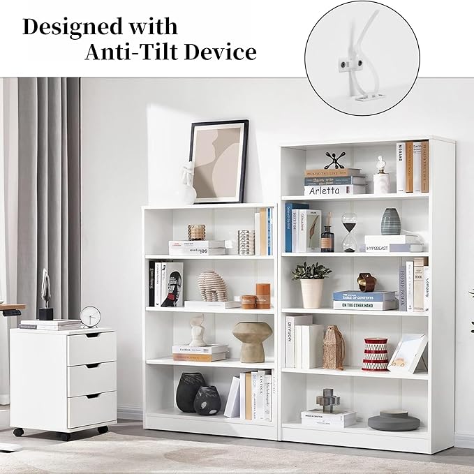 Bookshelf, Open Modern Bookshelf, 5 Shelf Bookcase with Freestanding Display Storage, Wooden Book Shelf for Bedroom, Living Room, Dinning Room, Office, 60 Inch, White-Ruum Studio Home