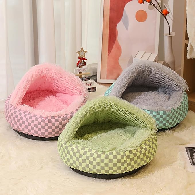 Cat Bed Hooded Plush Nest with Self-Warming Cozy Cave, Calming Anti-Anxiety Pet Bed for Indoor Cats & Small Dogs, Removable Washable Cover & Waterproof Bottom - Green-Ruum Studio Home