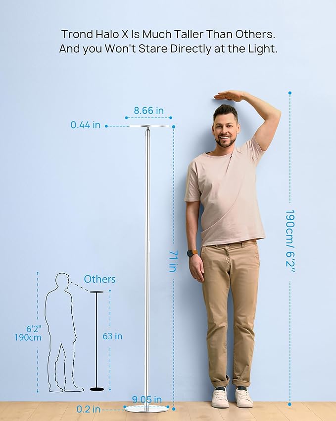 TROND Floor Lamp, LED Torchiere Uplight Lamp, 5 Brightness Aluminum Modern Standing Light, 5500K Natural Daylight, 5000 lm, 71in Tall, 30 Mins Timer, Detachable, for Office Living Room Bedroom, Silver-Ruum Studio Home