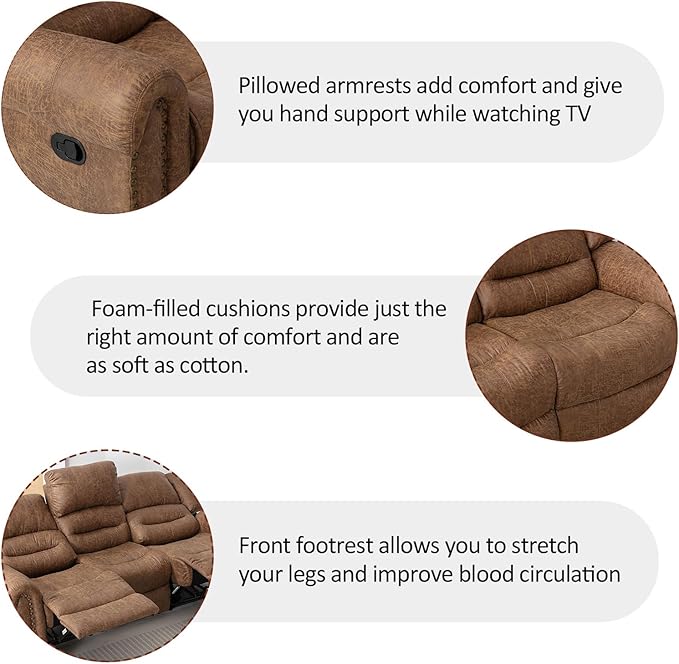 CANMOV Faux Leather Manual Loveseat Recliner, 2 Seat Reclining Chair, Overstuffed Comfortable Arms and Back Recliner Chair, Couch Set for Living Room, Bedroom Furniture, Office,Nut Brown-Ruum Studio Home