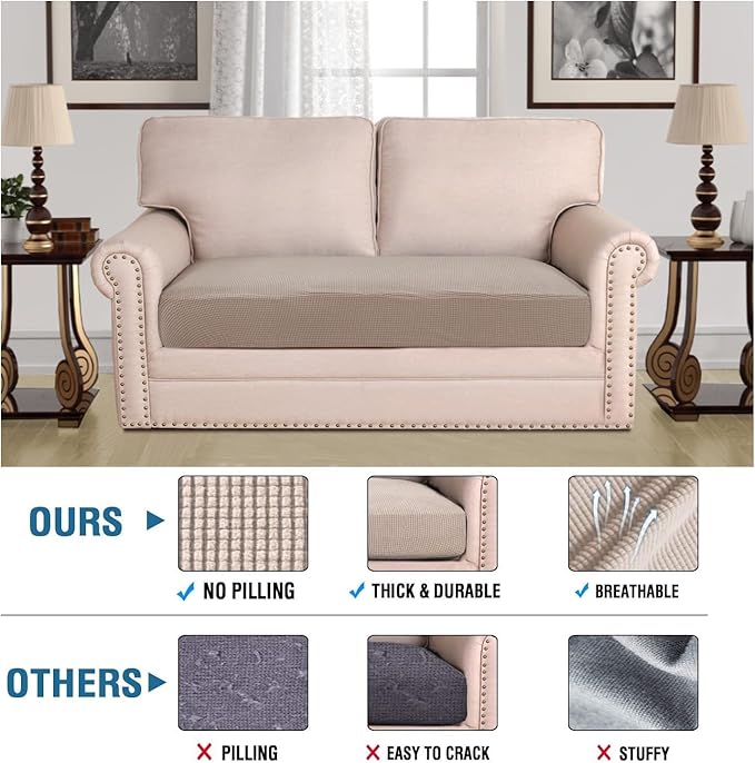 H.VERSAILTEX Super Stretch Individual Seat Cushion Covers Sofa Covers Couch Cushion Covers Slipcover Sets Thick Jacquard Textured Twill Fabric (1 Piece Loveseat Cushion Cover, Sand)-Ruum Studio Home