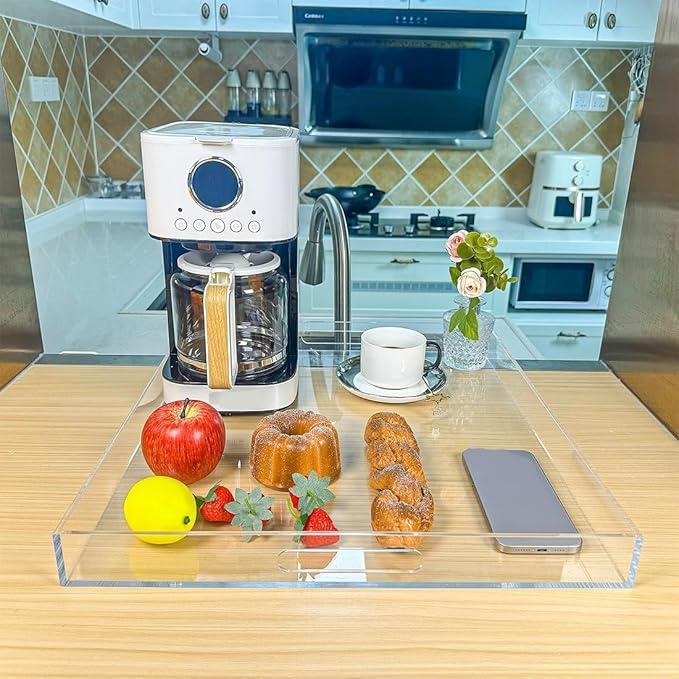 Clear Rectangular 18x20 Inches Acrylic Ottoman Tray Decorative Serving Tray with Cutout Handles Organizer Tray on Coffee Table Countertop Big Breakfast Bed Tray Living Room Appetizer Serving Food-Ruum Studio Home
