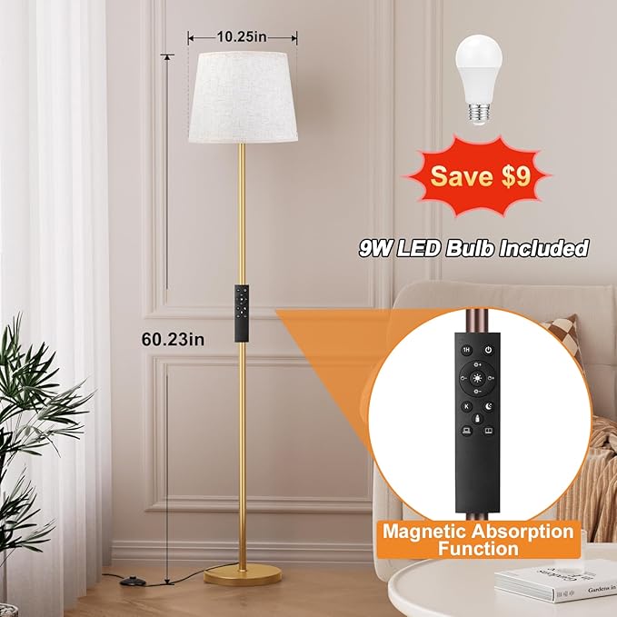 【Upgraded Floor Lamps for Living Room, Modern Floor Lamp with Remote Control, Dimmable Colors Temperature Standing Lamp Foot Switch, 9W Bulb Tall Lamps for Bedroom Office Kid Room - Gold-Ruum Studio Home