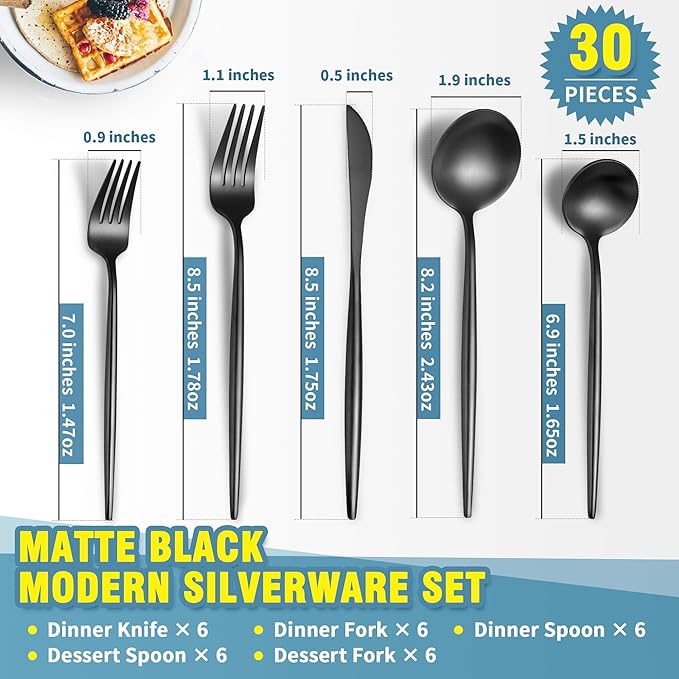 Matte Black Silverware Set for 6,Modern Stainless Steel Brushed Cutlery Set,30-Pieces Heavy Duty Flatware Set,Knives Spoons and Forks Set Utensils Set, Satin Finish, Dishwasher Safe-Ruum Studio Home