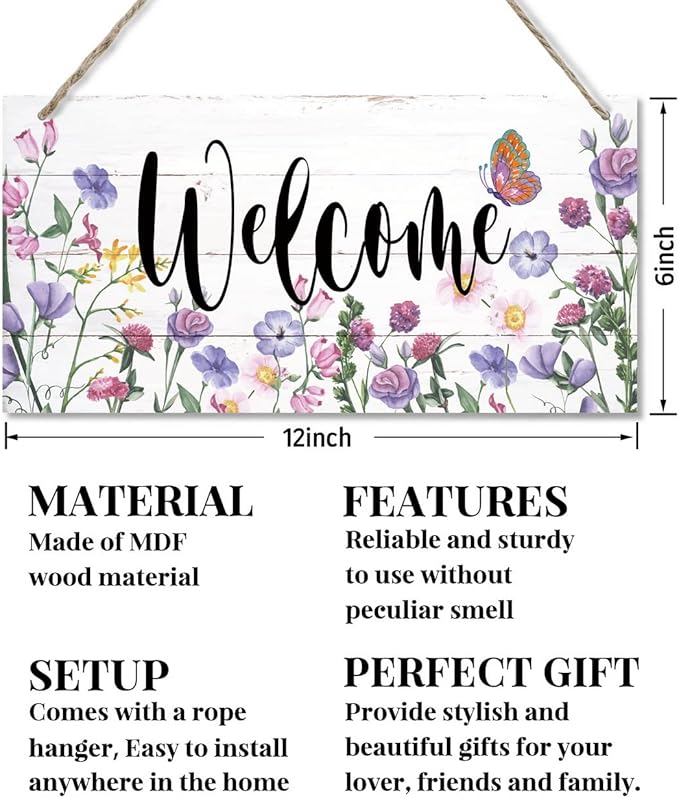 Welcome Decor Sign, Hanging Wood Sign Home Decorative, Printed Wood Wall Art Sign, Flower Welcome Sign, Yard Garden Welcome Sign, Porch Decor Sign, Farmhouse Front Door Decor Sign 12 * 6inch-Ruum Studio Home