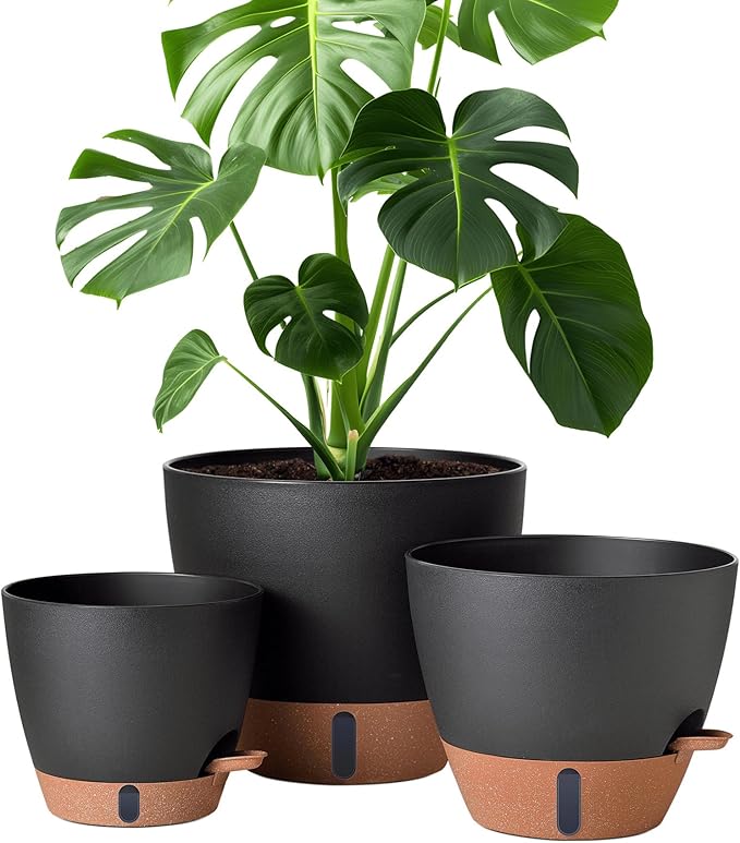 12/10/8 Inch Self Watering Pots for Indoor Plants Plastic Large Plant Pot for Outdoor Plants, Water Level Window & Spacious Reservoir Flower Pots Decorative Planter with Drainage and Tray (Black)-Ruum Studio Home