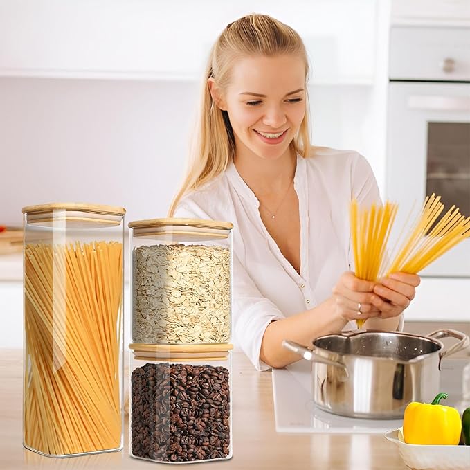 Food Storage Containers with Airtight Bamboo Lids Set of 5, Glass Canisters with Airtight Lids, Glass Food Storage Containers for Pasta, Oats, Coffee, Flour, Sugar, Best for Kitchen, Square-Ruum Studio Home