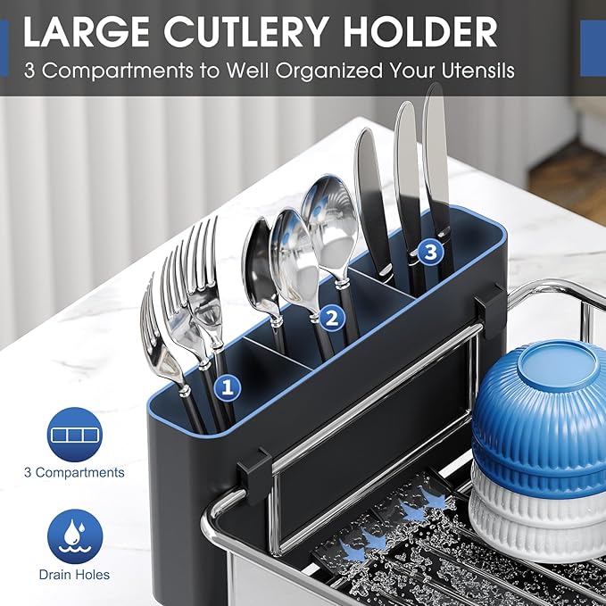 Stainless Steel Dish Drying Rack - Large Capcity 304 Grade Dish Drainer for Kitchen Counter with Drain Board, Utensil Holder & Detachable Cup Shelf, Rustproof Multifunctional Organizer-Ruum Studio Home