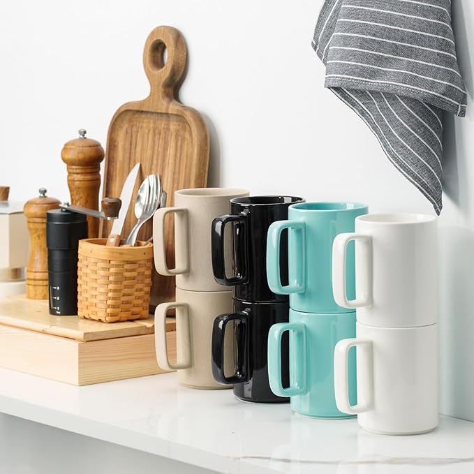E-liu Porcelain Tea Mugs Coffee Mug Set, Large 15 Ounces Cups for Coffee, Tea, Cocoa, and Mulled Drinks, Set of 6, BlacK White Grey-Ruum Studio Home