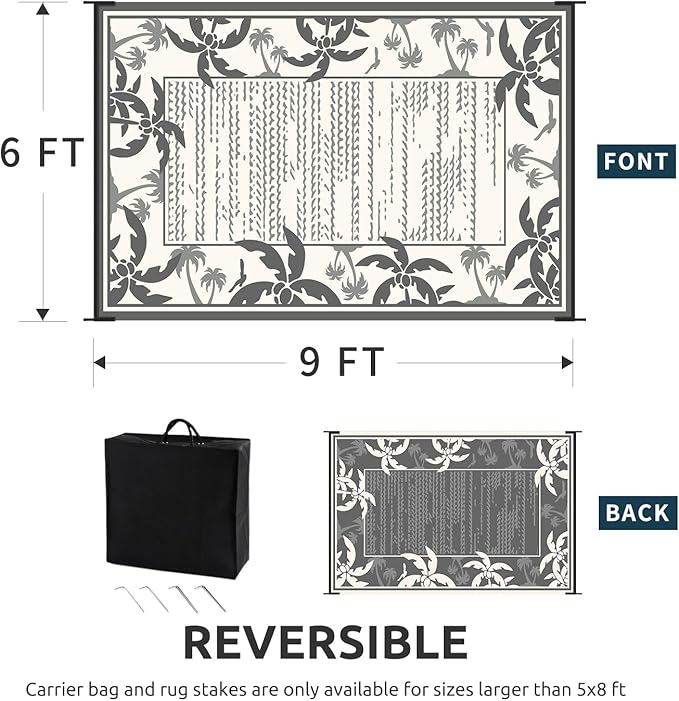 COCOER Outdoor-Rug 6x9 ft Waterproof Reversible Outdoor Plastic Straw Rug RV Indoor Outdoor Carpet Quick Dry Patio Rug Camping Mat for Balcony Backyard Picnic Beach-Grey&Beige-Ruum Studio Home