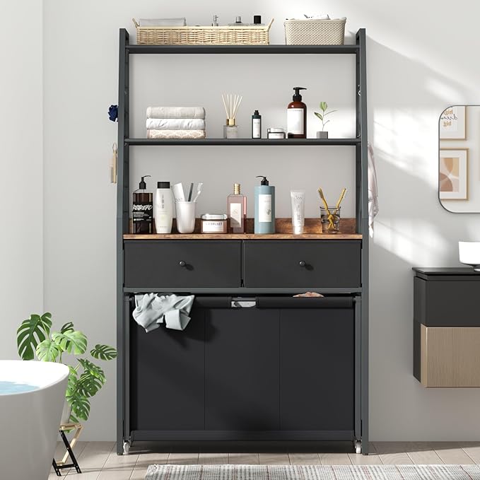 Laundry Hamper Laundry Basket with 3 Section Pull-Out Rolling Bags & 2-Tier Storage Shelf, Laundry Sorter for Organization and Storage with 2 Drawers for Laundry Room, Bathroom-Ruum Studio Home