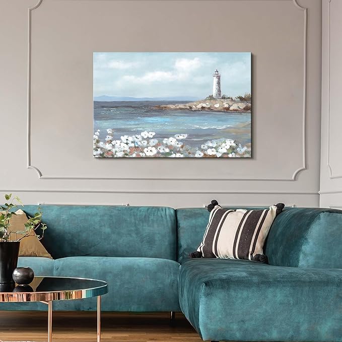 cozy country Lighthouse Wall Art 45"x30" - Coastal Pictures Beach Canvas Ocean Decor - Nautical Artwork Seascape Hand Painting for Living Room, Bedroom, Sea House-Ruum Studio Home
