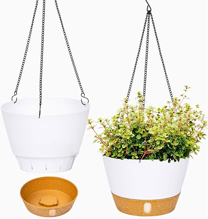 QCQHDU 2 Pack Hanging Planters for Indoor Outdoor Plants, 8 Inch Hanging Baskets Flower Pots with Reservoir Tray & Visible Water-Level-Ruum Studio Home