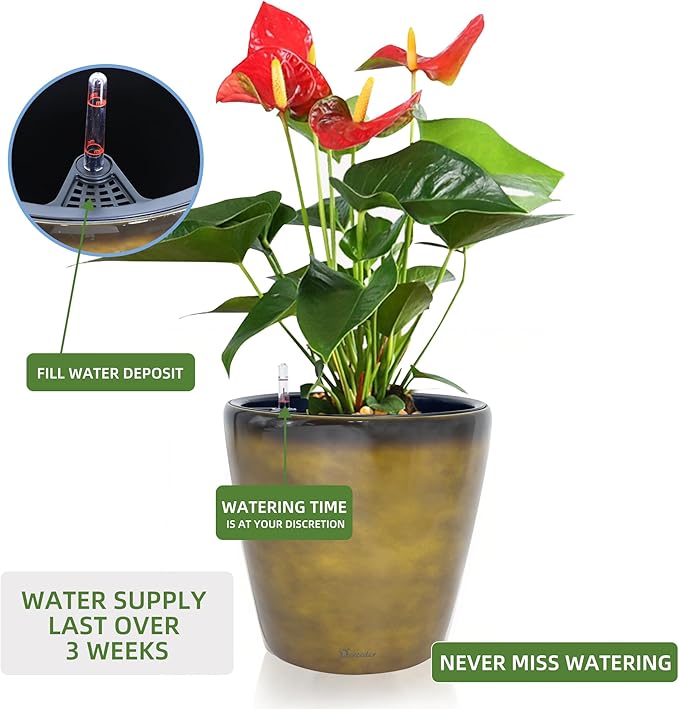 Dexceder 15x14 Self Watering Planter with Wheels Indoor Outdoor, Inner Pot Design, Thickened Large Floor Standing Flower Plant Pot with Water Level Indicator (Yellow Brown Gradient)-Ruum Studio Home