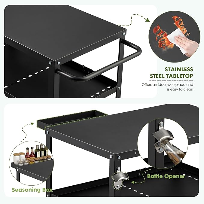 Outdoor Grill Cart Table,Indoor and Outdoor Pizza Oven Table,with 4 Movable Total Lock Casters, Hooks, Side Handle Multifunctional (Black)-Ruum Studio Home