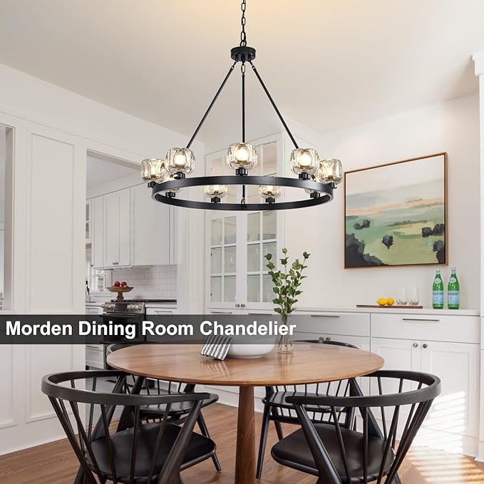 Black Wagon Wheel Chandelier, 36 Inch Black Chandeliers with Unique Glass Shade, 9-Light Crystal Farmhouse Wagon Wheel Chandeliers for Dining Room, Round Chandelier for Living Room, Foyer, Entryway-Ruum Studio Home