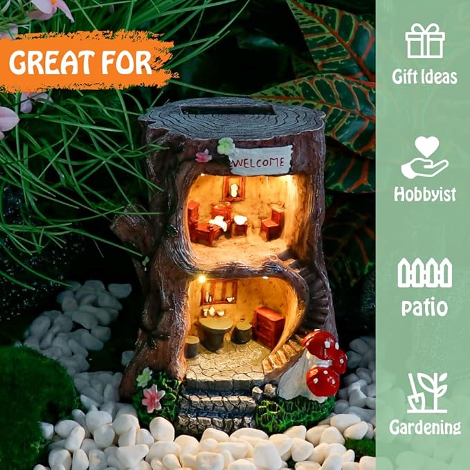 Solar Light Gnome Fairy Garden House for Outside, Big Size Fairy Miniature Buildings Accessories House Sculptures for Outdoor Garden Patio Lawn Path Decorations, 8" Tall-Ruum Studio Home