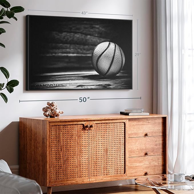 ElephantStock Basketball Wall Art - Horizontal Framed Canvas - 1-Piece Hallway Wall Decor - Photography sports Canvas Print - Black and Gray Decor for Wall - 43" X 29"-Ruum Studio Home