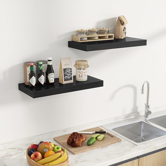 Fun Memories 24 Inch Floating Shelves Wall Mounted, 10 Inch Deep Wall Shelves, 24 x 10 Floating Shelf for Living Room Bathroom Bedroom, Black, Set of 2-Ruum Studio Home