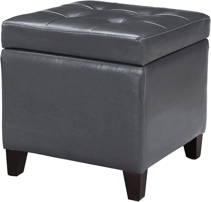 Adeco Bonded Leather Square Tufted Cubic Cube Storage Footstool, 18" Inch Ottomans & Storage Ottomans, With Lid, Dim Gray-Ruum Studio Home