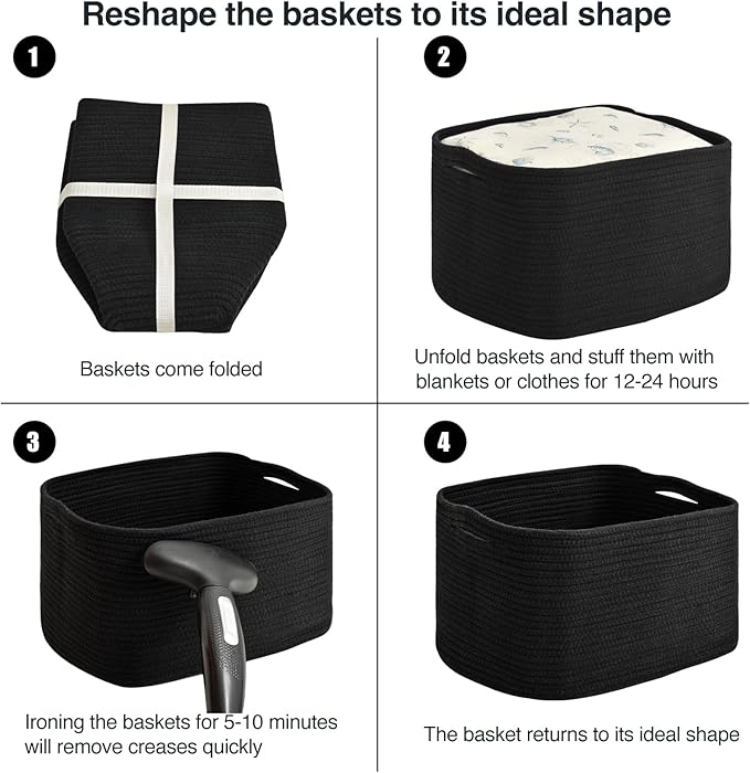 Large Storage Baskets for Organizing Shelves, Woven Cotton Rope Bins for Baby Nursery Organization, Book Toy Towel Organizer, 17"x13"x9.5", 3 Packs, Black-Ruum Studio Home