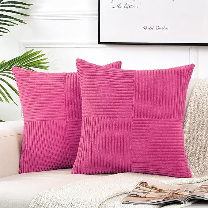 Fancy Homi 2 Packs Hot Pink Decorative Throw Pillow Covers 20x20 Inch for Living Room Couch Bed Sofa, Rustic Farmhouse Boho Home Decor, Soft Corss Corduroy Patchwork Accent Cushion Case 50x50 cm-Ruum Studio Home