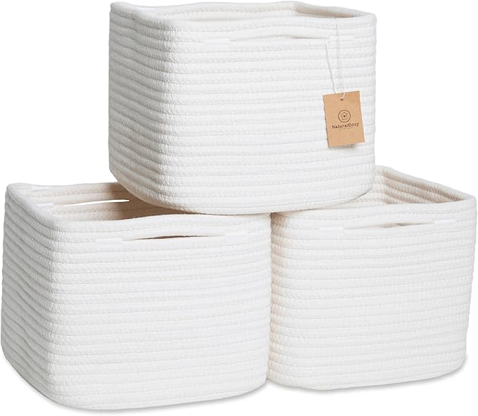 NaturalCozy Storage Cubes 9”x9”x7”Cotton Rope Woven Baskets for Organizing 3-Pack | 9 Inch Cube Storage Bin | Small Basket for Shelf Nursery, Pantry, Decorative Plant, Bathroom Closet, Toy Gift-Ruum Studio Home
