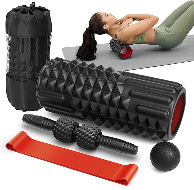 5 in 1 Foam Roller Set, High Density Foam Roller, Muscle Roller Stick, Massage Ball, Resistance Band for Physical Therapy & Deep Tissue Muscle Massage (Black)-Ruum Studio Home