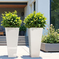 Worth Garden 28" H. Large Metal Glazed Planter Set of 2, Modern Glossy Finish White Tall Square Tapered Steel Flower Plant Pots for Indoor & Outdoor Use - Insert Plate with Drain Holes, Air Vents-Ruum Studio Home