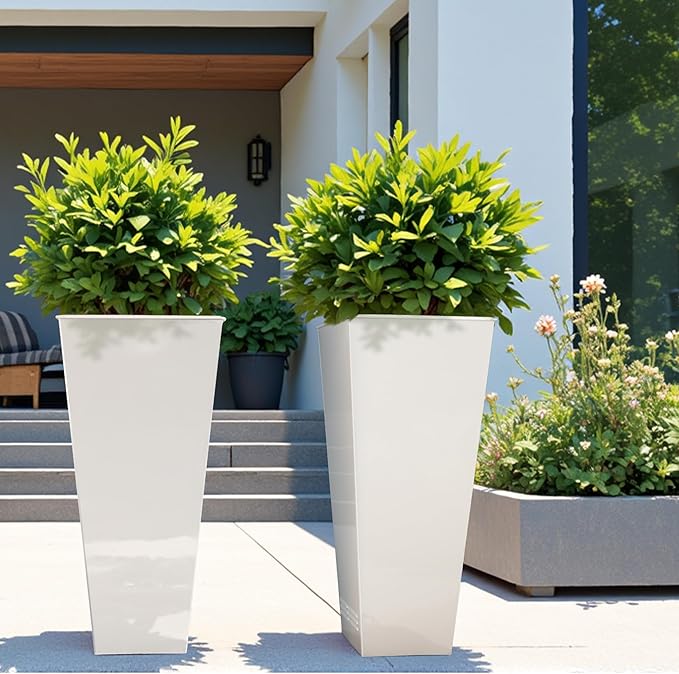 Worth Garden 28" H. Large Metal Glazed Planter Set of 2, Modern Glossy Finish White Tall Square Tapered Steel Flower Plant Pots for Indoor & Outdoor Use - Insert Plate with Drain Holes, Air Vents-Ruum Studio Home