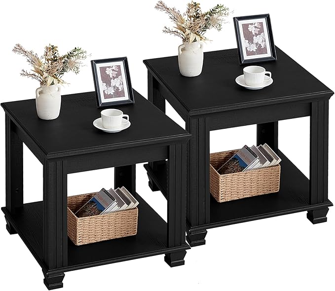 Farmhouse End Table Set of 2,Large Side Table with 2-Tier Storage Shelf,Rustic Wood End Tables for Living Room,Square Tea Table, Black-Ruum Studio Home