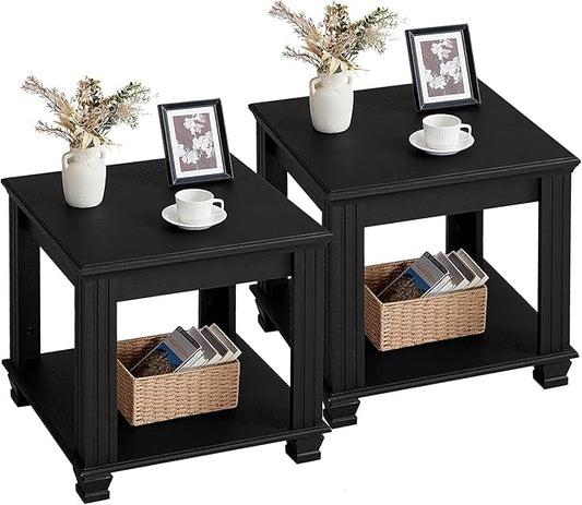Farmhouse End Table Set of 2,Large Side Table with 2-Tier Storage Shelf,Rustic Wood End Tables for Living Room,Square Tea Table, Black-Ruum Studio Home