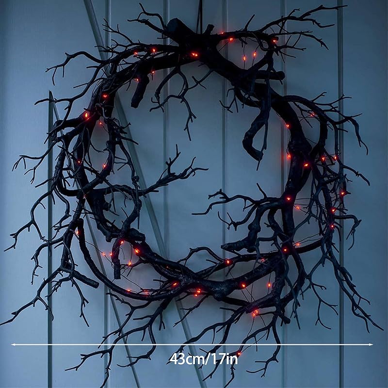 Halloween Black Branch Wreath Signs for Front Door with Red Lights,Handcrafted Halloween Horror Wreath for Indoor Outdoor Party Window Wall Decor Farmhouse Garland Yard-Ruum Studio Home