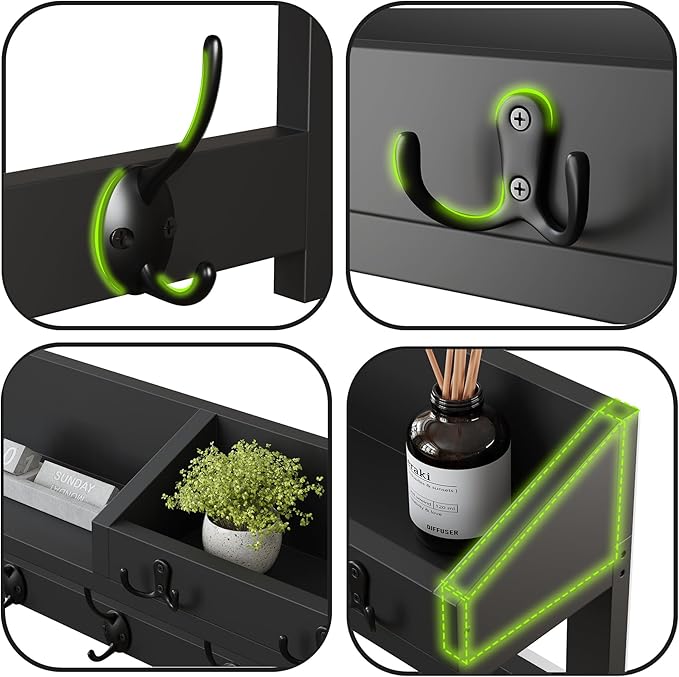 AMBIRD Wall Hooks with Shelf 26.57inch Entryway Wall Hanging Shelf Wood Coat Hooks for Wall Coat Rack Wall Mount Rack with 5 Dual Hooks 3 Key Hooks Mail Organizer and Key Rack Key Holder (Black)-Ruum Studio Home