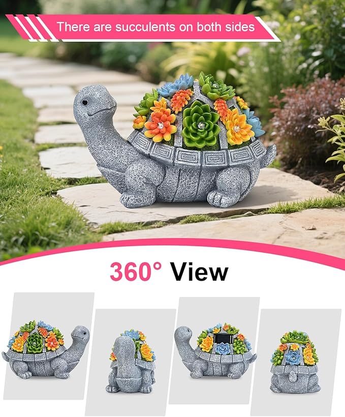 Solar Turtle Statue Garden Decor for Outside with Succulents and 7 LED Lights – 10.3 Inch Cute Lawn Ornaments for Patio, Porch, Balcony & Yard – Unique Birthday Gifts for Women Mom Grandma Wife-Ruum Studio Home