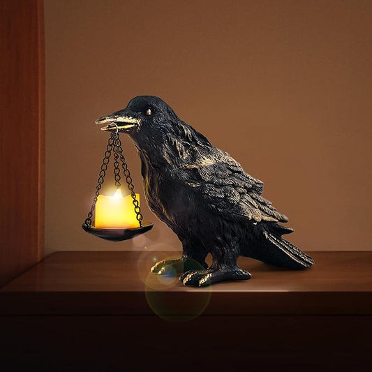 Raven Gothic Home Decor Fake Crow Light Holder Raven Lamp Tealight Candle Holder Resin Raven Statue Wearing Gold-Ruum Studio Home