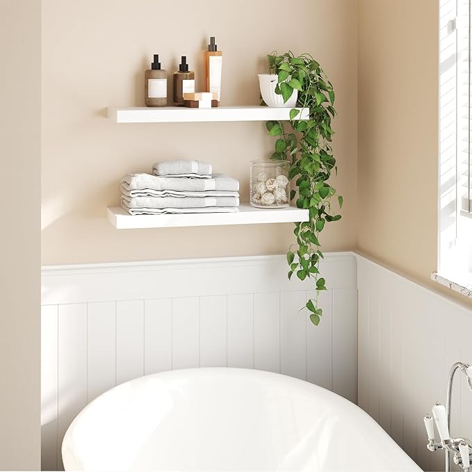 HOOBRO Floating Shelves for Wall, Wall Mounted Shelf Set of 2, 23.6" Hanging Shelf with Invisible Brackets, for Wall in Bathroom, Bedroom, Toilet, Kitchen, Living Room, Office, White WT60BJ01-Ruum Studio Home