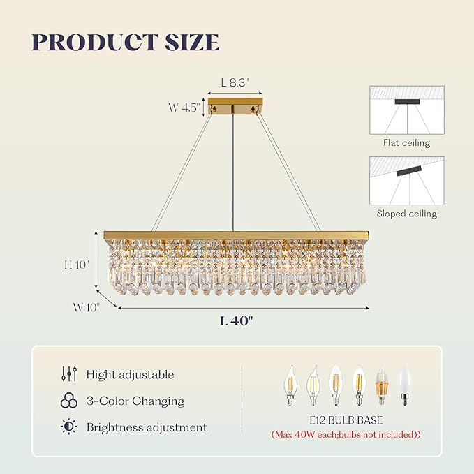 Modern Crystal Chandelier for Dining Room,Gold Luxury Crystal Chandelier,8 Lights Rectangular Rectangle Light Fixture for Living Room Kitchen Island L40''xW10''xH10''-Ruum Studio Home