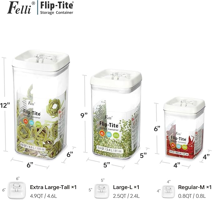 Felli Flip Tite Acrylic Food Storage Container with Lid 6” XL Air Tight Ring Seal Flip Top, Plastic Kitchen Baking Canister for 5 lb Flour Sugar Rice Protein Powder Pantry Organizer (Nest-M, White)-Ruum Studio Home