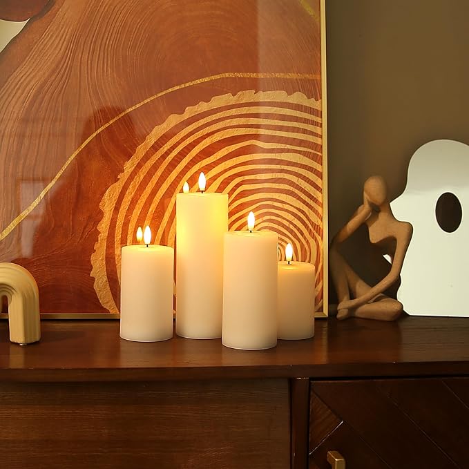 LUSHABOR Flameless Candles, 4 Pack Battery Operated Candles with Remote, Real Wax LED Fake Candles with Timer Flickering for Christmas Wedding Home Party D3 H 5" 6" 7" 9" White-Ruum Studio Home
