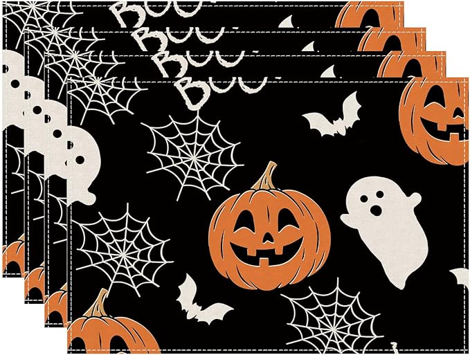 XCHI Boo Spooky Ghost Pumpkin Halloween Placemats Set of 4 Table Mats Table Decorations 12x18 Inch-Ruum Studio Home