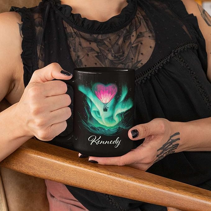 Customized Name Coffee Cup, Custom Hot Air Balloon Mug With Heart-Shaped, Personalized Northern Lights Ceramic Mug, Gift For Couples On Valentine's Day, Love Black Cup 11oz Or 15oz-Ruum Studio Home