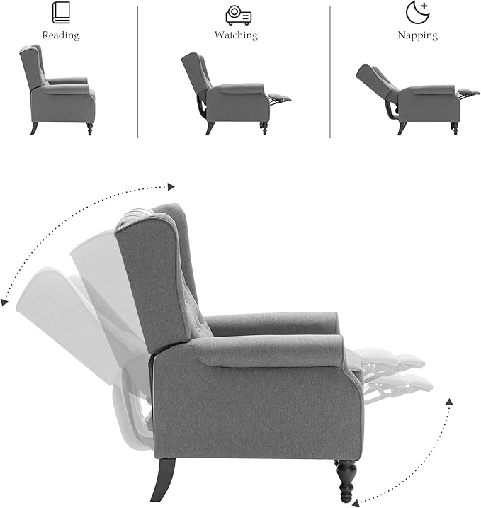 Mid Century Wingback Recliner Chair for Adults, Modern Linen Fabric Push Back Recliner Chairs with Button Tufted Upholstered Back & Footrest, Manual Recliner Chais for Living Room, Nursery, Gray-Ruum Studio Home