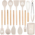 Silicone Cooking Utensils Set, Premium Beech Wood Handle Kitchen Gadgets Utensil Set, Non-Stick Kitchen Utensils Spatula, Tongs, Turner, Whisk, Brush, Spoon, BPA FREE, 446°F Resistant (Khaki)-Ruum Studio Home